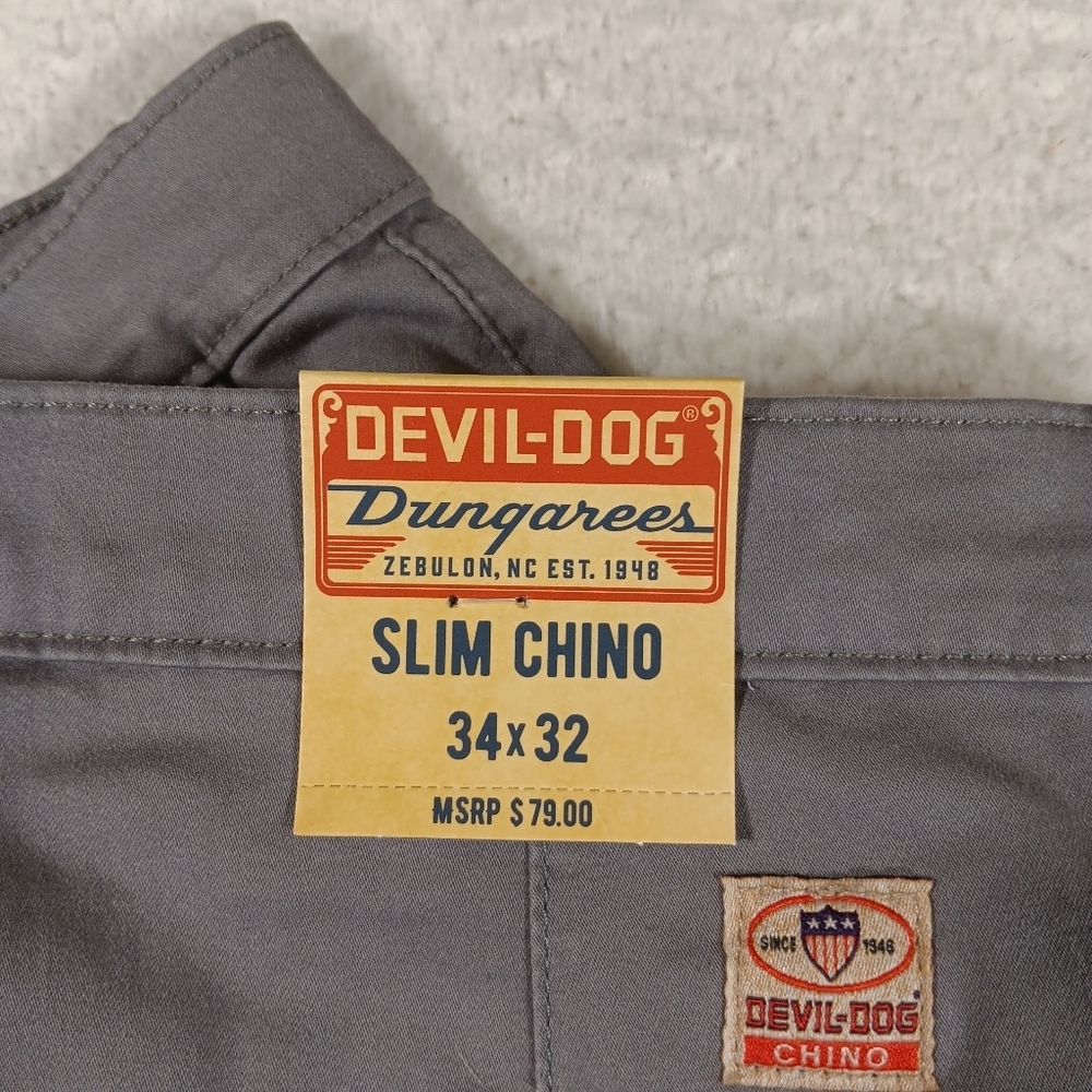 Devil Dog Pants Mens 34x32 Gray Dungarees Slim Chino Straight Leg Dog Tag Nwt - Picture 2 of 11